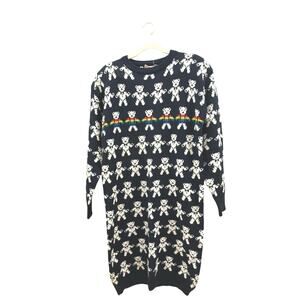 Eclipse Black Crewneck Sweater Dress with White Teddy Pattern and Rainbow Stripe